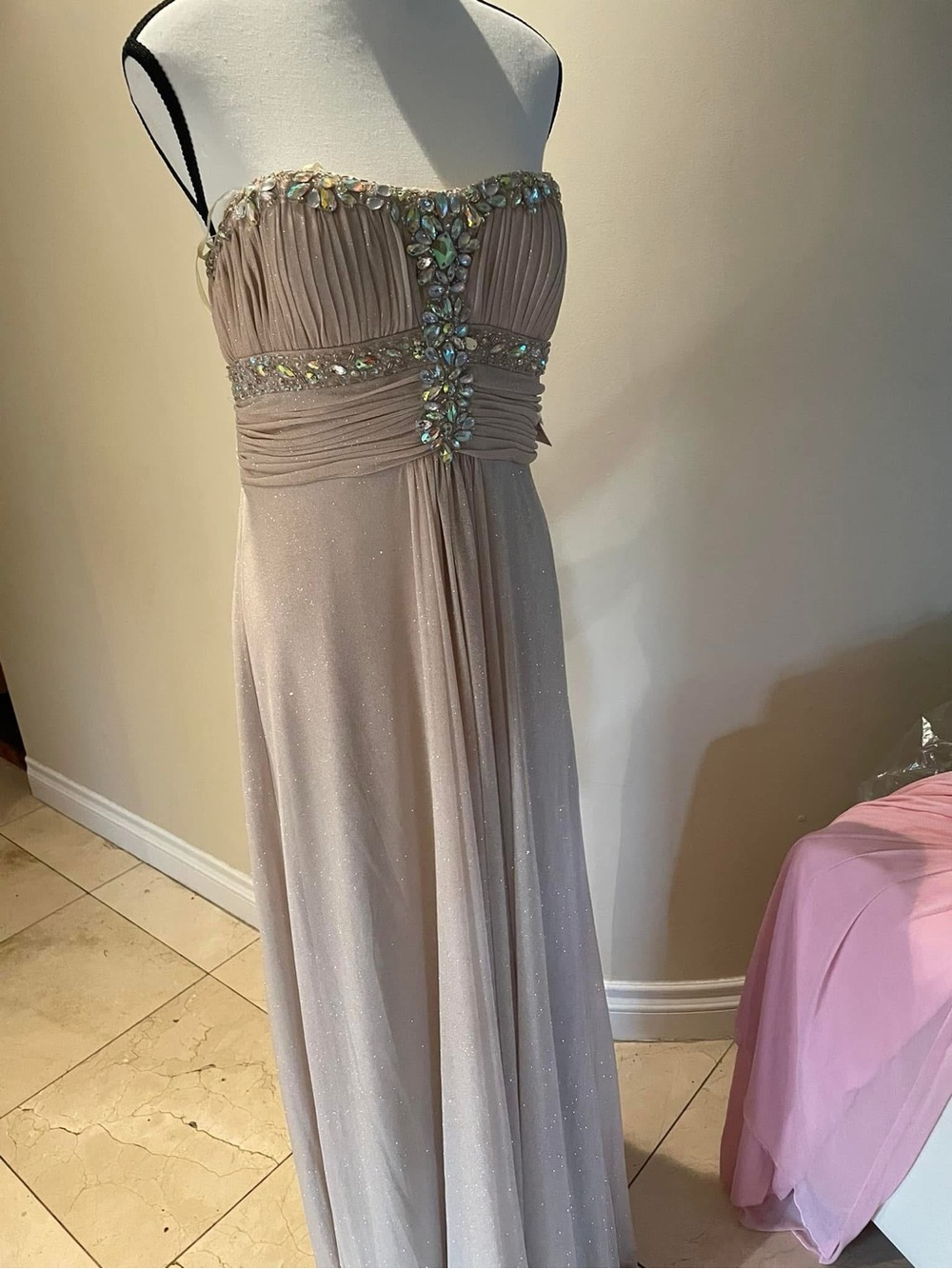 NWT Strapless Beaded Evening Gown in Nude
